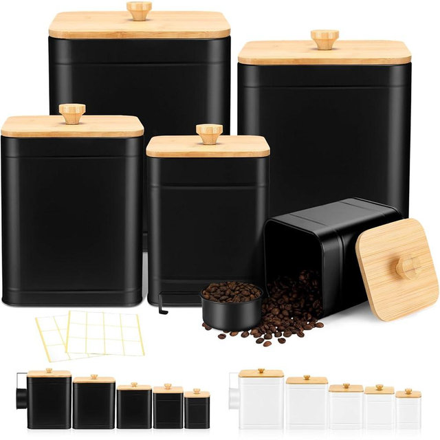 Buryeah Kitchen Canisters for Countertop Set of 5 with Labels & Marker Pen Black Metal Coffee Tea Sugar Flour Jars with Airtight Lid and Spoon Farmhouse Big Food Storage Containers Set for Kitchen