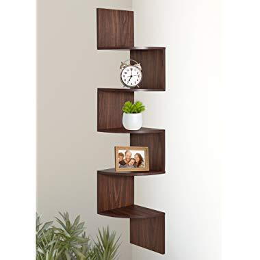 Greenco 5 Tier Wall Mount Corner Shelves Walnut Finish
