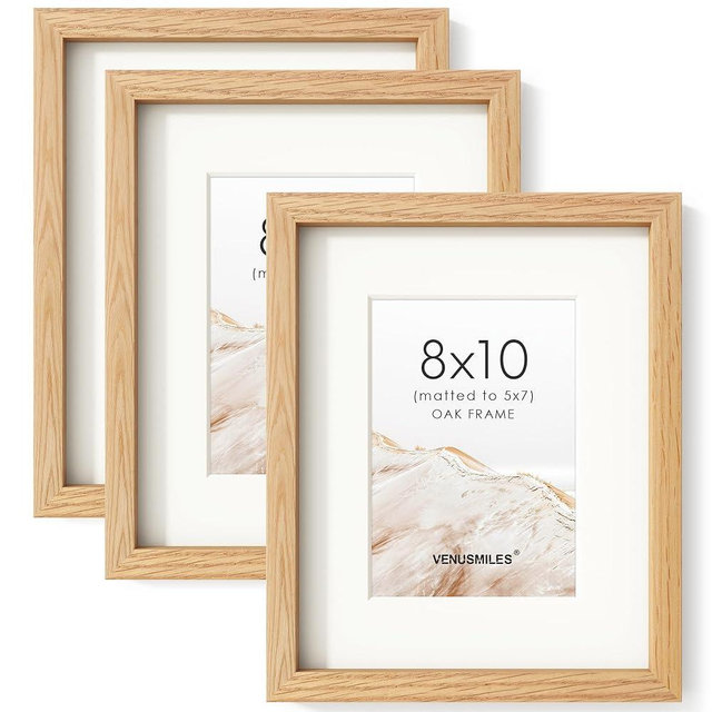 8x10 Picture Frame Set of 3, USA-Sourced Natural Oak Wood Photo Collage Frame with HD Tempered Glass, Modern Simple 8 x 10 Wooden Frame Matted to 5x7, Gallery Frames for Art, Wall or Tabletop Display