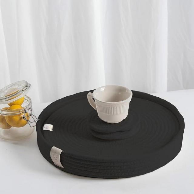 Art PineCone's Woven Cotton Rope Round Placemats Set of 4 with Holder Included, Non-Slip, and Heat Resistant for Your Perfect Table Decor! (13 inch Plus Coaster, Black)