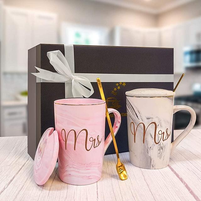 Gifts for Couples - Mrs and Mrs Gifts Coffee Mugs - Lesbian Couple Gifts - Wedding, Anniversary, Engagement, Valentine’s Day LGBT Gifts for Girlfriendfor - Ceramic Marble Cups 14 O
