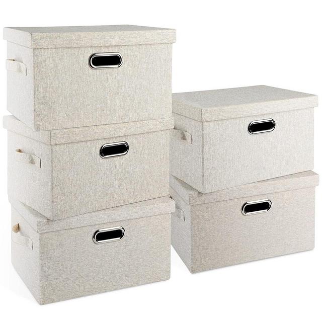 Graciadeco Medium 15 21 Quart Collapsible Stackable Storage Bins with Lids, 5 Packs Beige Foldable Fabric Closet Storage Boxes with Lids, Lidded Storage Bins 4 Handles Toy Heavyduty Linen Cube Box