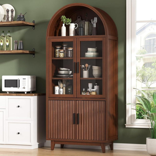 FiveWillowise Modern Kitchen Pantry Cabinet with Glass Doors - Arched Design, Solid Wood Legs, Artistic Fluted Door, Adjustable Shelves, 70.8" Tall for Kitchen, Dining Room, Walnut