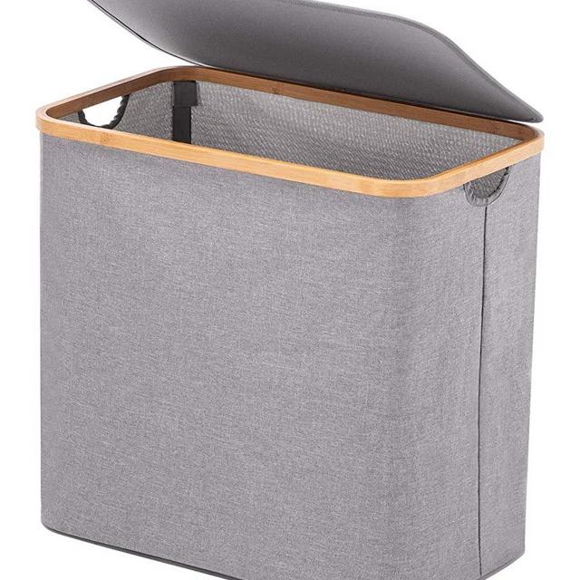 YOUDENOVA Laundry Hamper with Lid, Bamboo Dirty Clothes Hamper with Handle, Waterproof Collapsible Laundry Basket Storage for Bedroom, Bathroom, Grey