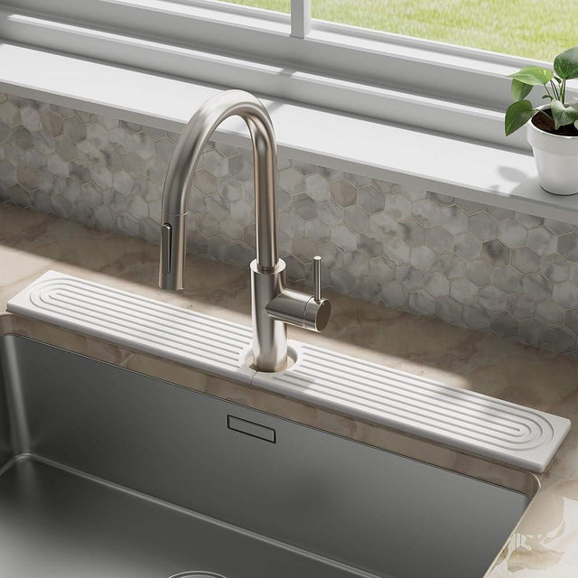 DK177 Faucet Mat for Kitchen Sink - Water Absorbing Stone Tray for Sink, Diatomite Fast-Drying Faucet Mat, Faucet Splash Guard for Bathroom Counter (White, 30" x 4")