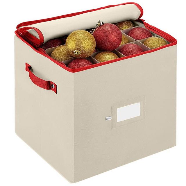 ZOBER Christmas Ornament Storage Box with Zippered Closure - Protect & Keeps Safe Up to 64 Holiday Ornaments & Xmas Decorations Accessories, Durable Non-Woven Ornament Storage Container, Two Handles