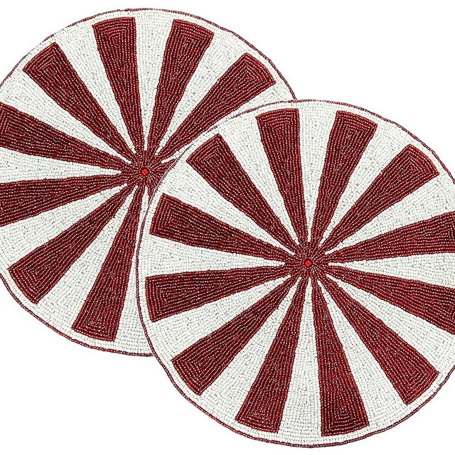 Beaded Charger Placemats - 13” Round Elegant Glass Bead Table Mats for Dining, Wedding, Holiday & Party Decor | Non-Slip, Durable & Stylish Set of 2 (White Red) - ALPHA Living HOME