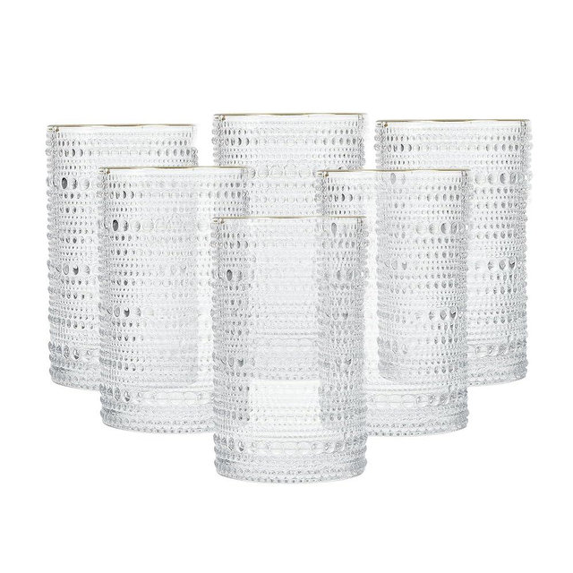 Fortessa Jupiter Beaded Hobnail Glass, 13 Ounce Iced Beverage (Set of 6), Gold Rim Clear