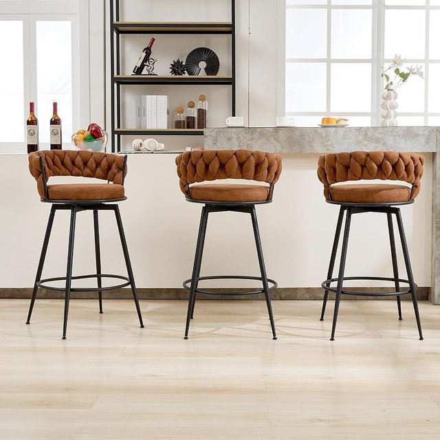 FUNCOLOR HOME Swivel Bar Stools Set of 3, 28 Inches Modern Counter Height Bar Stools with Woven Back, Upholstered Suede Tall Barstools for Kitchen Island, Cafe, Light Brown