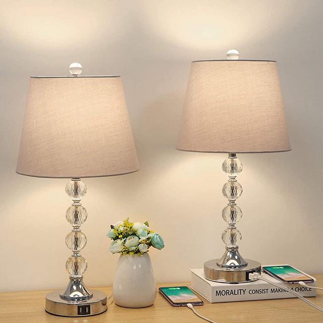 Bedside Crystal Table Lamps Set of 2 with Dual USB Charging Ports, Boncoo Modern Nightstand Lamp Decorative Simple Night Light Lamp with Gray Lampshade for Bedroom Living Room A19 8W LED Bulb Included