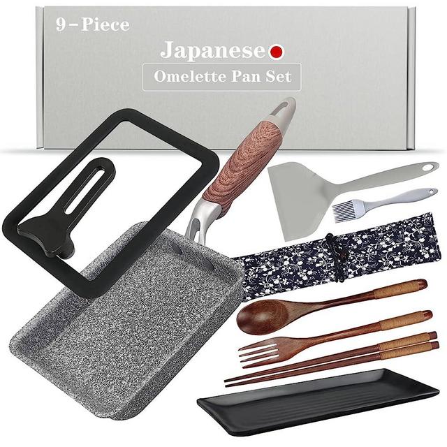 DXBVIEX 9 PCS Tamagoyaki Pan Set, Japanese Omelette Pan Nonstick with Lid, Square Japanese Egg Pan, Rectanlge Tamago Pan 7.6" x 5.7" Grey