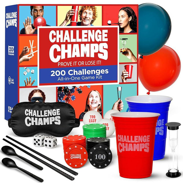 Challenge Champs Action Party Game – 200 Skill Challenges for Team Building, Family Game Night | Complete Set for Adults, Teens, Kids 8+ with 10+ Accessories | Competitive Group Activity