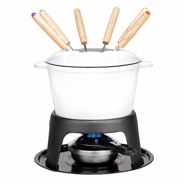 Mabeeze Cast Iron Fondue Pot Set White Enameled 1.6 Qt for Cheese, Chocolate, or Meat: Includes 6 Fondue Forks