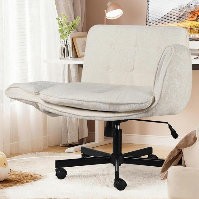 Criss Cross Chair with Wheels & Arms, Chenille Cross Legged Office Chair with 5-level Folding Armrest, Comfortable Adjustable Swivel Vanity Chair for Home, Make Up, Bed Room, Office, Accent (White)