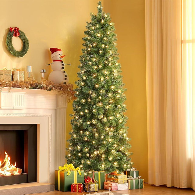 SHareconn 6ft Prelit Artificial Hinged Slim Pencil Christmas Tree with Warm White Lights, Full Branch Tips, Good Choice Decoration for Xmas Holiday, 6 FT, Green