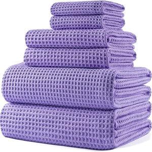 POLYTE Oversize, 60 x 30 in., Quick Dry Lint Free Microfiber Bath Towel Set, 6 Piece (Purple, Waffle Weave)