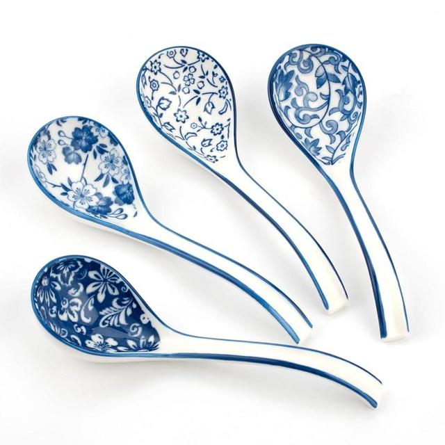 Asian Chinese Ceramic Spoons Japanese - Soup Spoons with Long Curved Handle for Ramen,Dumpling,Pho,Noodles,Rice(4 Pcs)