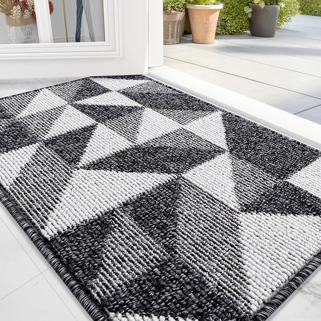OLANLY Door Mat Indoor Entrance Washable 32x20, Odor-Free Low-Profile Front Back Geometric Door Mat, Absorbent Resist Dirt Entry Doormat, Easy to Clean Sturdy Inside Floor Mats for Entryway, Black