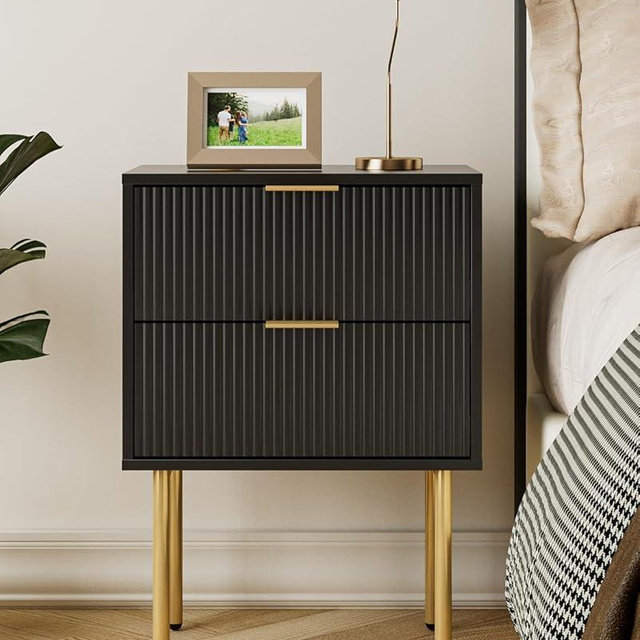Aienvey Night Stand, Modern Nightstand with Drawers, Bedside Table, Gold Small Side Table for Bedroom, Living Room End Table (Black Stripe, 2 Drawers)