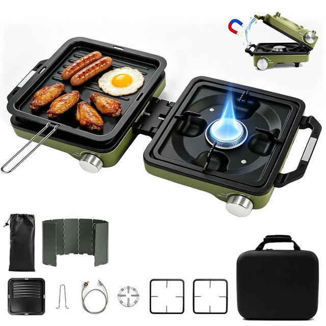 2 Burner Camping Stove with Windshield, 24000 BTU Propane Camp Stove, Portable Folding Camp Stove with Frying Pan, Coffee Stand & Carry Bag, Camping Essentials for Picnic, RV, Camp kitchen, Green