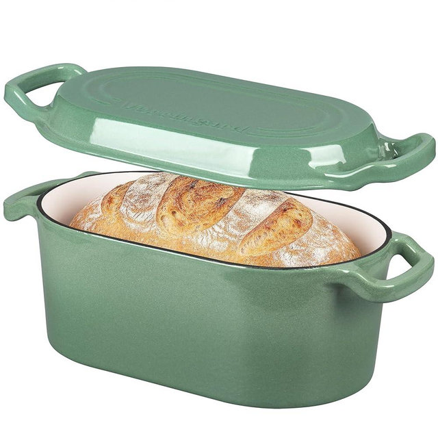 VORRINGARD Oval Dutch Oven Pot with Lid, Enamel Coating Cast Iron Bread Pans for Homemade Sourdough Bread Baking, Cooking, 4 Quart, Sage Green