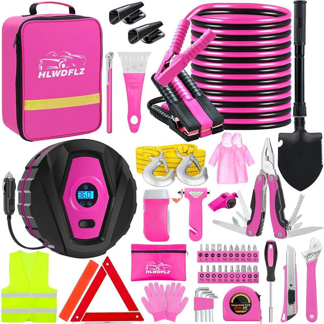 HLWDFLZ Car Emergency Kit with Portable Air Compressor - Auto Emergency Roadside Assistance Car Kit, Winter Car Safety Roadside Assist Kit for Teen Girl and Ladies M-75