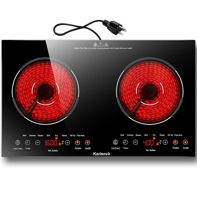 Karienvir 2 Burner Electric Cooktop 110v, 2000W Electric Stove Top Countertop & Built-in, Plug-in Electrics Cooktop 24 Inch, 8 Power Levels & 8 Functions, Touch Control, Safety Lock, Timer, Karienvir
