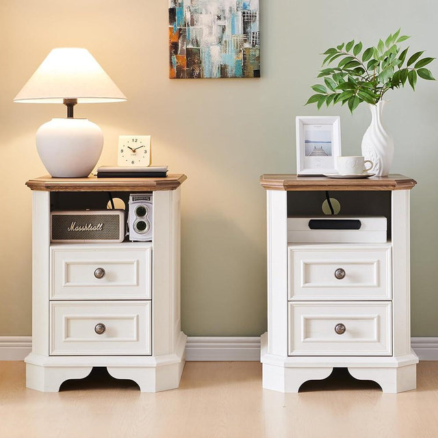 T4TREAM Farmhouse Nightstand Set of 2 with Charging Station, 18" End Table with 2 Drawers, Wood Side Table, Bedside Cabinet for Bedroom, Living Room (Antique White)