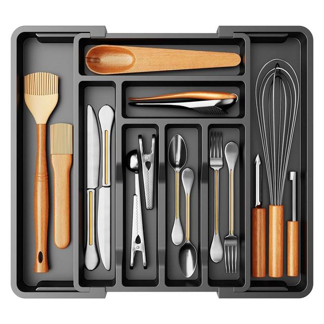 Pipishell Expandable Silverware Organizer - Adjustable PP plastic drawer storage with sliding track for knives, forks & spoons, black