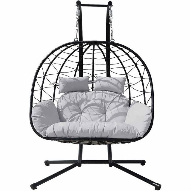 Hanging Egg Chair with Stand Indoor Swinging Chair Outdoor Hammock Egg Chair for Patio, Bedroom, Garden and Balcony (Gray+Black, Large)