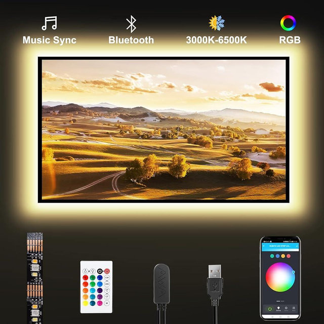 Tatazone Bluetooth RGBWW LED Lights for 50-55 Inch TV With App Control, RGB+Tunable White 3000K-6500K Backlight With RF Remote, Music Sync Indoor for Gaming
