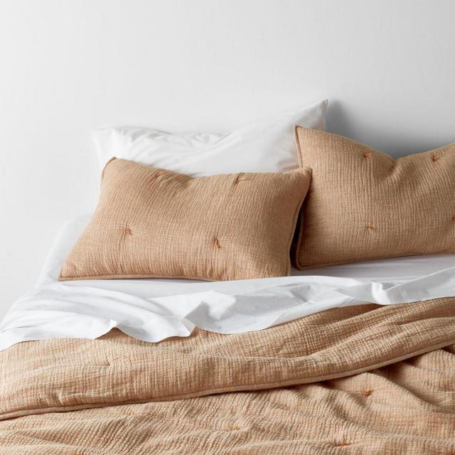 Aire Crinkle Organic Cotton Linen Blend Brulee Brown Quilt | Crate & Barrel