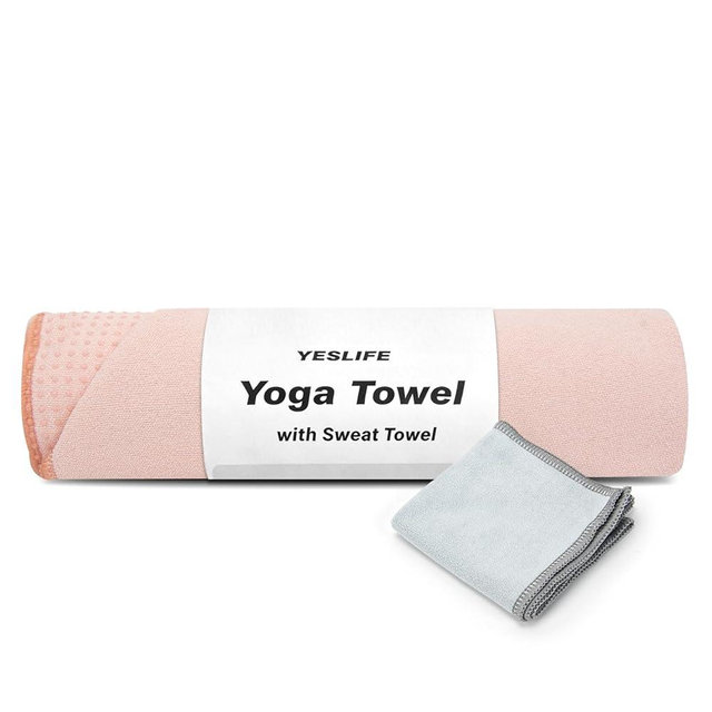 YESLIFE Non-Slip Extra Thick Hot Yoga Towel with One Sweat Towel, Microfiber Sweat Absorbent Yoga Mat Towel with Grip Dot, Pilates Mat, 72" x 24", Pink