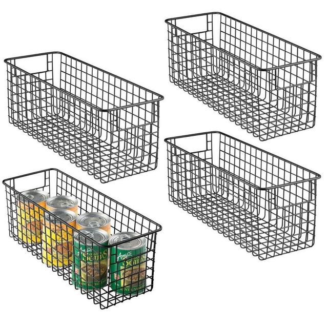 mDesign Narrow Farmhouse Decor Metal Wire Food Storage Organizer Bin Basket with Handles for Kitchen Cabinets, Pantry, Bathroom, Laundry Room, Closets, Garage - 16" x 6" x 6" - 4 Pack - Matte Black