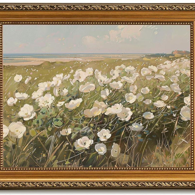 Vintage Gold Framed Wall Art, Farmhouse Wildflower Field Landscape Canvas Print Artwork with Antique Detachable Frame, White Flower Field Countryside Landscape Pictures for Bedroom, Kitchen Wall Decor - 12x16Inch