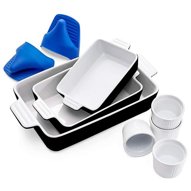 Vexilsy Baking Dish Set, Ceramic Bakeware Set Includes 3 Rectangular Nonstick Casserole Dish, 4 Ramekins, Silicone Mini Oven Gloves, Baking Pans for Lasagna Pan,Cooking,Cake, Dinner,Daily Use (Black)