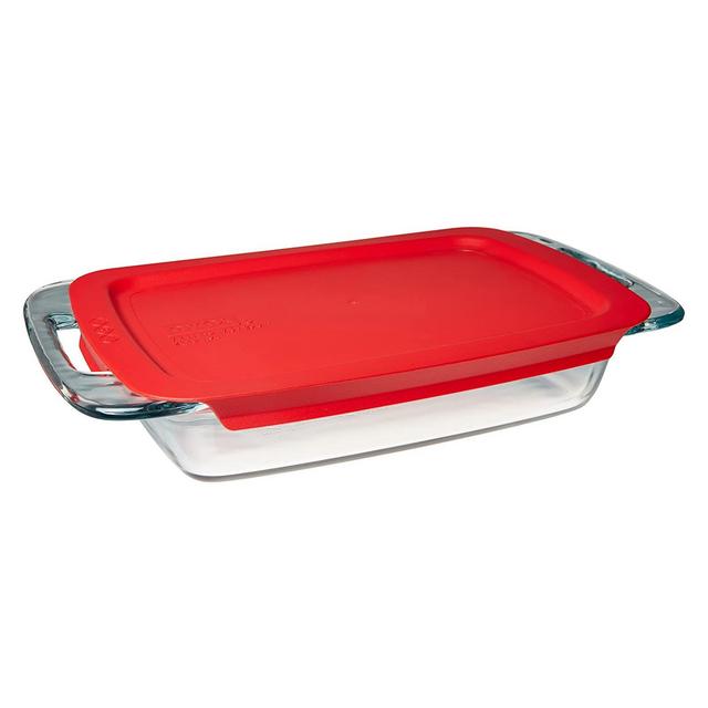 Pyrex Easy Grab Glass Oblong Baking Dish, with Red Plastic Lid 2-quart
