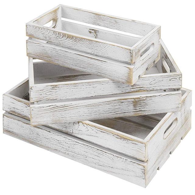 MyGift Country Rustic Wooden Nesting Crates - Whitewashed Wood Open Top Storage Boxes with Cutout Handles, Set of 3