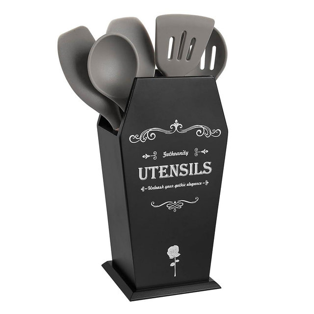 Gothvanity Coffin Utensil Holder, Gothic Kitchen Organizer, Large Wood Stable Utensil Caddy, Mutifunctional Kitchen Decor-Black-12.5X8X5 inches