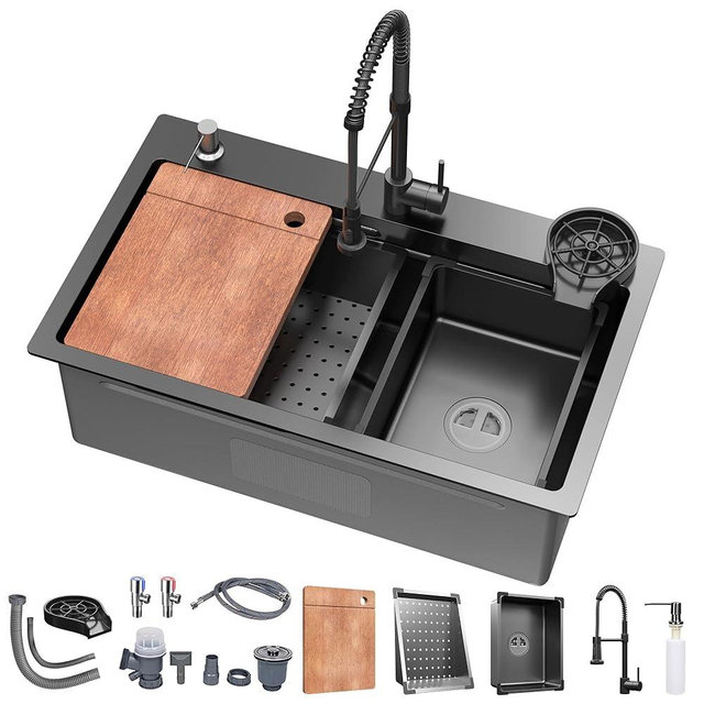 26.8 x 17.7 inch Kitchen Sink, Single Bowl Stainless Steel Gunmetal Black Topmount Multifunctional Drop In Sink with Pull-Down Faucet and Multiple Accessories (Black Grey)