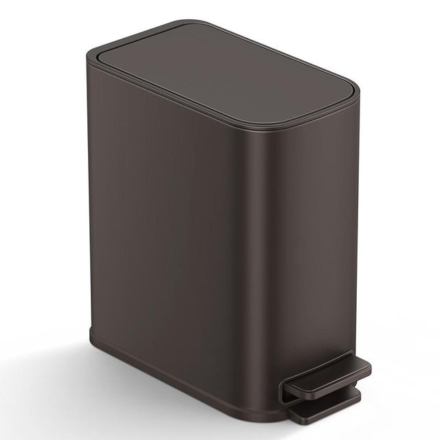 TIPGO Small Bathroom Trash Can with Lid Soft Close, Step Pedal, 1.3 Gallon / 5 Liter Stainless Steel Slim Garbage Can for Office, Diaper Waste Basket with Removable Inner Bucket (Brown)