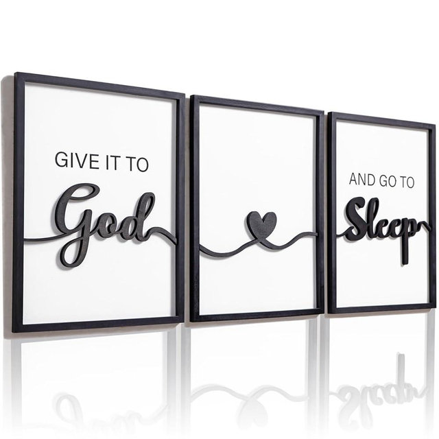 3D Wood Give it to God and Go to Sleep Signs 36x16”, Above Bed Wall Decors, Black And White 3D Bedroom Wall Art (12x16 inches, Set of 3, Framed)