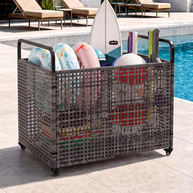 FinerFurnis Heavy-Duty Outdoor Rattan Storage Bench with Mesh & Wheels – Weather Resistant Poolside Organizer for Floats, Toys & Equipment, Movable, Gray