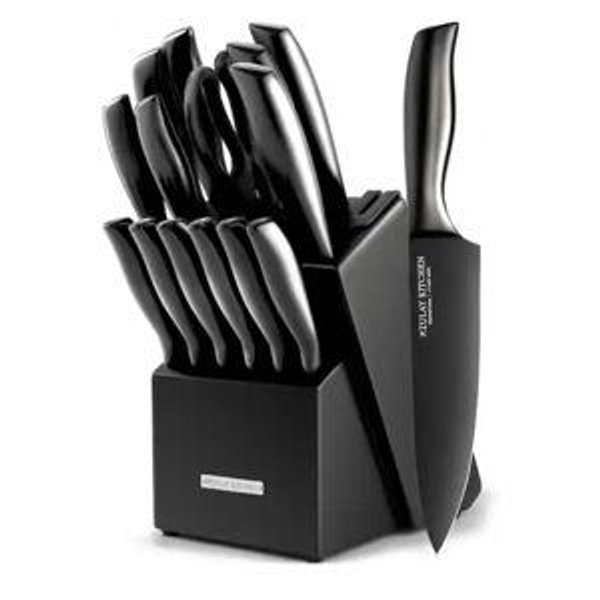 Zulay Kitchen - 15 Piece Stainless Steel Knife Set with Block and Sharpener - Black Black