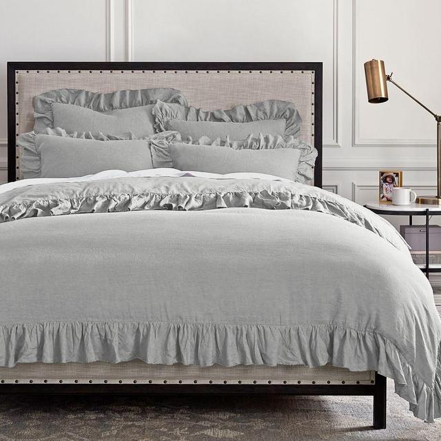 Soft Gray Belgian Flax Linen Fringe Ruffle Duvet Cover, King/Cal. King