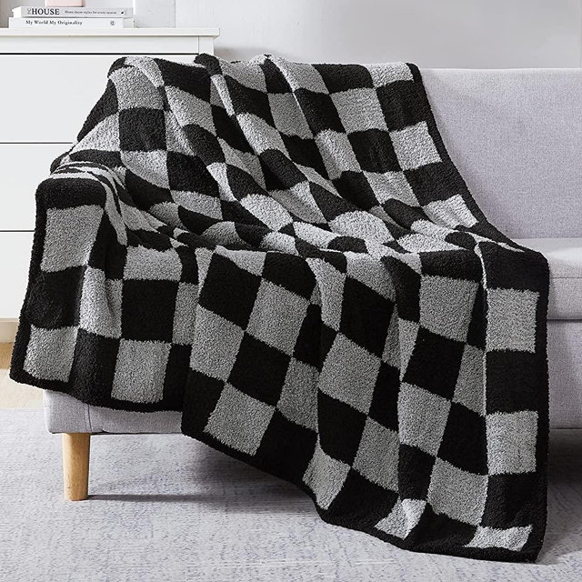WRENSONGE Checkered Throw Blanket, Black Grey Checkered Microfiber Soft Cozy Fluffy Warm Hand Made Weave Throw Blankets for Couch, Sofa, Chair, Bed, Picnic,Travel Lightweight Bed Blanket - 50"*70"