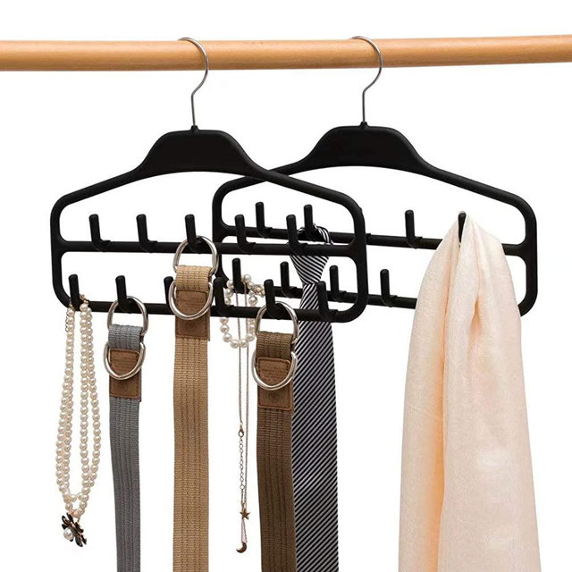 Belt Hanger Rack Holder 2 Pack, Sturdy Belt Organizer with 360 Degree Swivel, 11 Large Belt Hooks for Closet, Non Slip Rubberized Belt Storage, Black