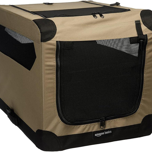 Amazon Basics 2 Door Foldable and Portable Travel Pet Kennel for Cat, Dog, Rabbit, 26 inch, Tan, S 26" x 18" x 18"