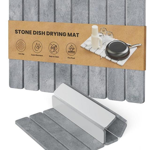 CHROME CLUB Stone Drying Mat for Kitchen Counter - Collapsible Diatomaceous Earth Dish Drying Stone - Fast Absorbent Stone Dish Drying Mat for Dishes, Pots, Plants (Gray)