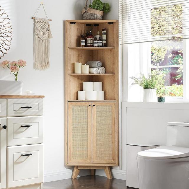 OKD Natural Rattan Corner Cabinet, 68" Tall Modern Boho Corner Bathroom Storage Cabinet with Doors & Adjustable Shelves for Bathroom, Kitchen, Dining Room, Living Room (Natural Oak)